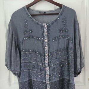 Magic Boho Gray Jeweled Rayon Button Front Blouse Top One Size L Womens